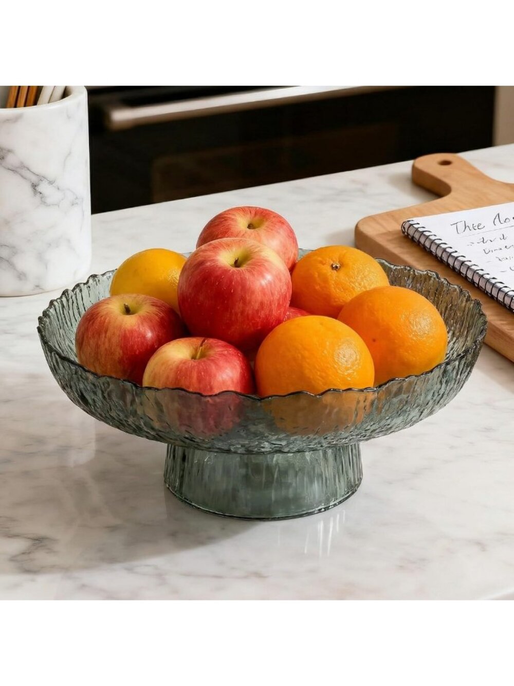 Stylish Large Green Hammered Glass Fruit Bowl - Decorative Kitchen Centerpiece